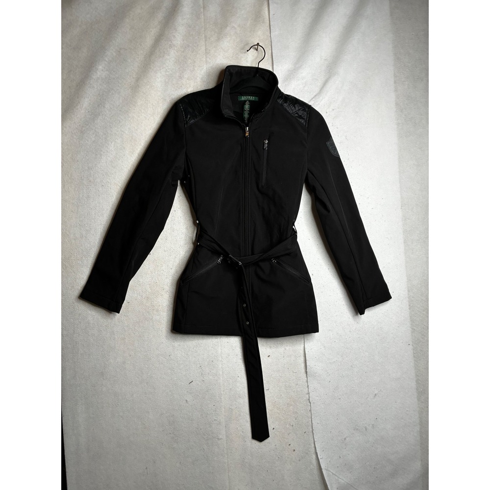 Lauren Ralph Lauren Womens Black Belted Softshell Jacket XS Quilted Shoulder